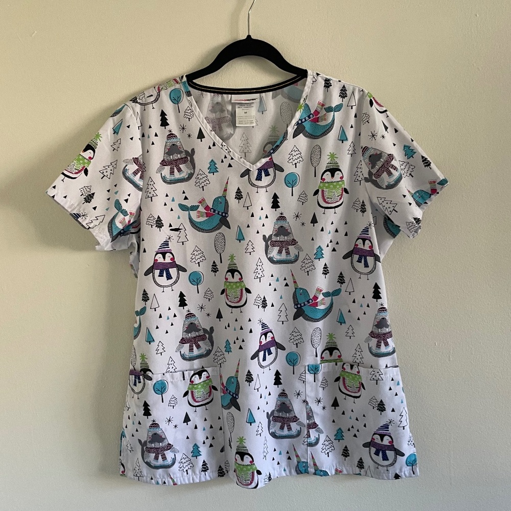 Snow Penguin, Walrus and Narwhal Women's Scrub Top